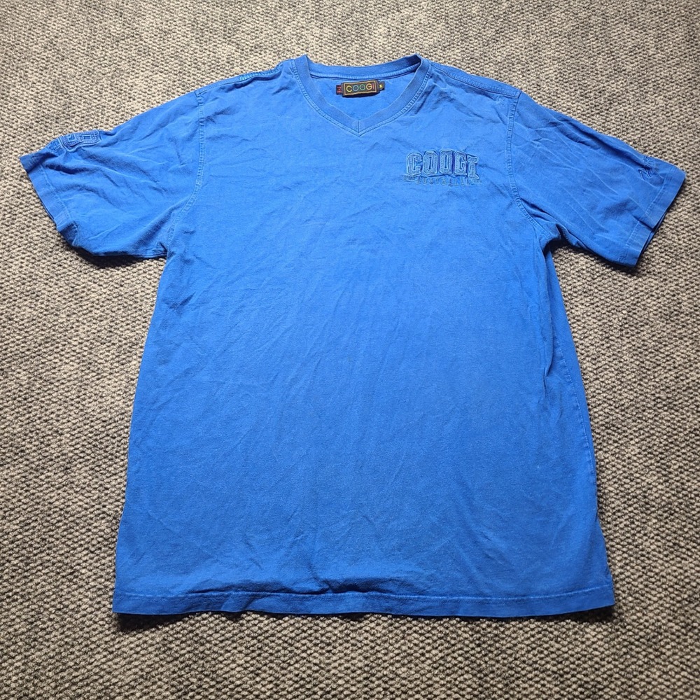 Coogi Australia Mens Blue V-Neck Embroidered Logo T-Shirt Size XL Short Sleeve